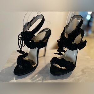 Max Kibardin Black Suede Heels/ Sandals with Flower Detail